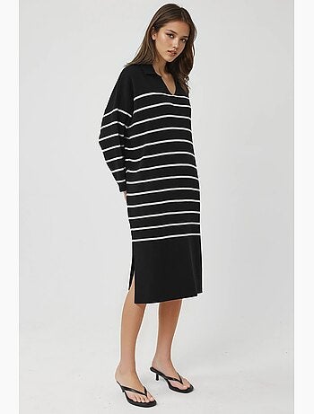 Abito midi in maglia a righe con scollo a v, vestibilità ampia e spacco my fashion