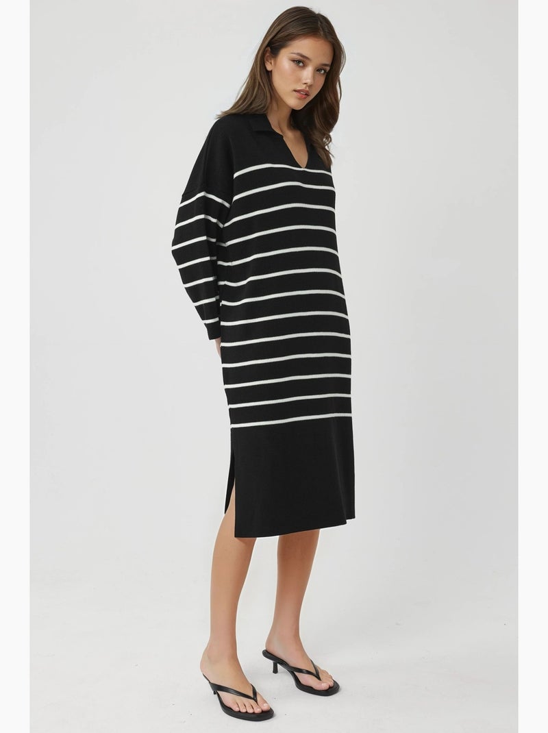 Abito midi in maglia a righe con scollo a v, vestibilità ampia e spacco my fashion Nero - Kiabi