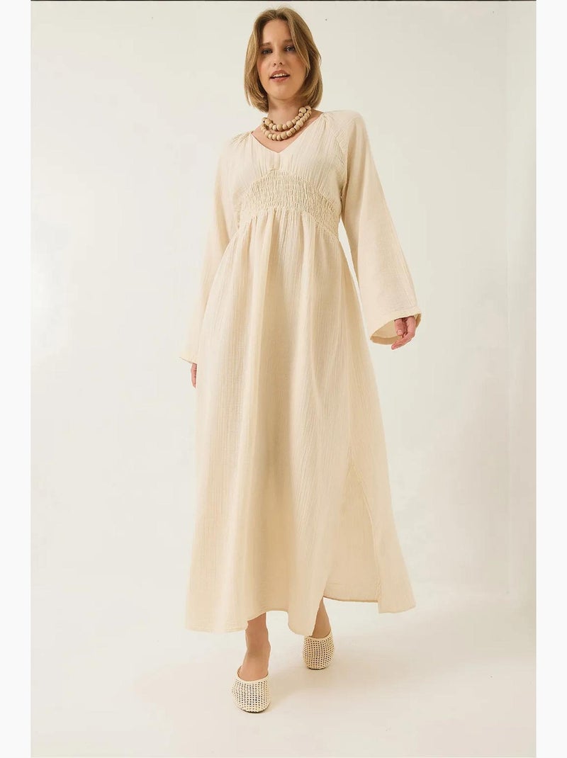 Abito midi in mussola con scollo a v e vita arricciata lucci Beige argilla - Kiabi
