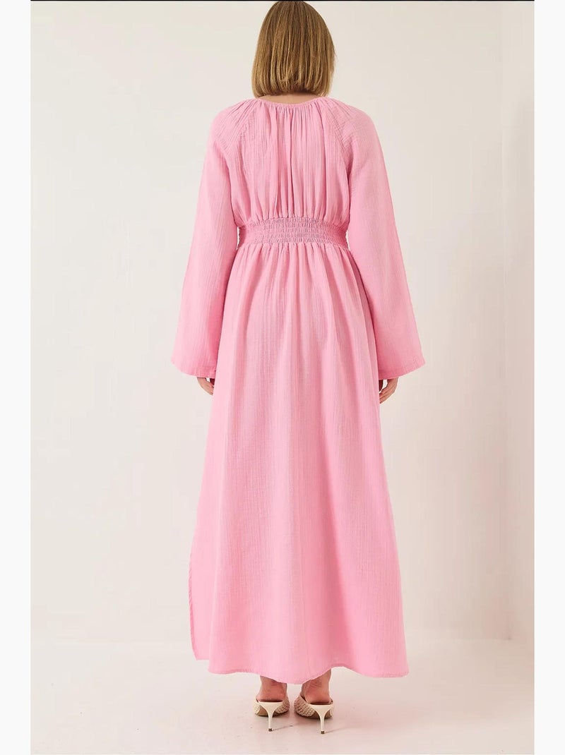Abito midi in mussola con scollo a v e vita arricciata lucci Rosa fluo/Solinotes - Kiabi