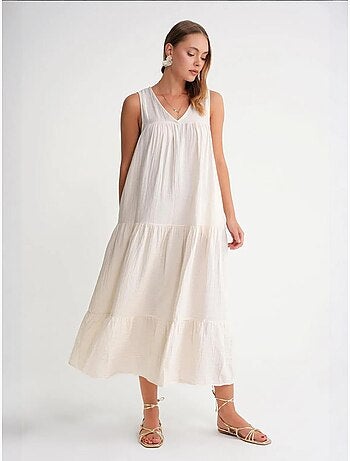 Abito midi in mussola senza maniche con scollo a v e tasche mixray