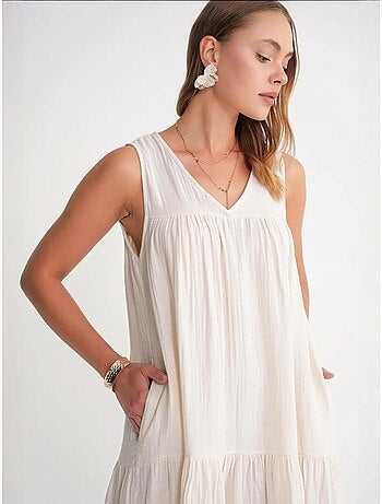 Abito midi in mussola senza maniche con scollo a v e tasche mixray