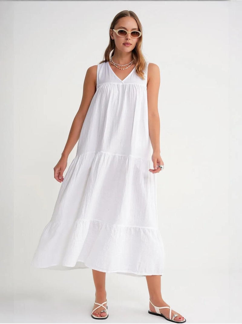Abito midi in mussola senza maniche con scollo a v e tasche mixray Bianco - Kiabi