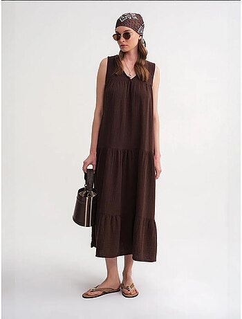 Abito midi in mussola senza maniche con scollo a v e tasche mixray