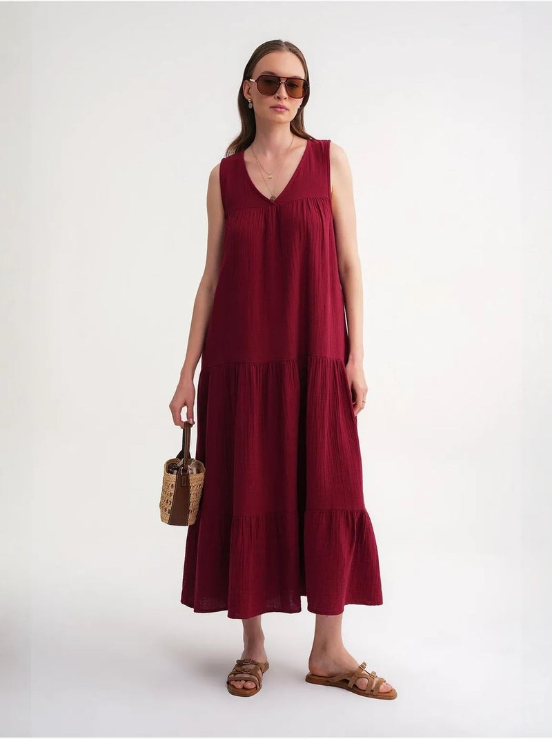 Abito midi in mussola senza maniche con scollo a v e tasche mixray Rosso bordeaux - Kiabi