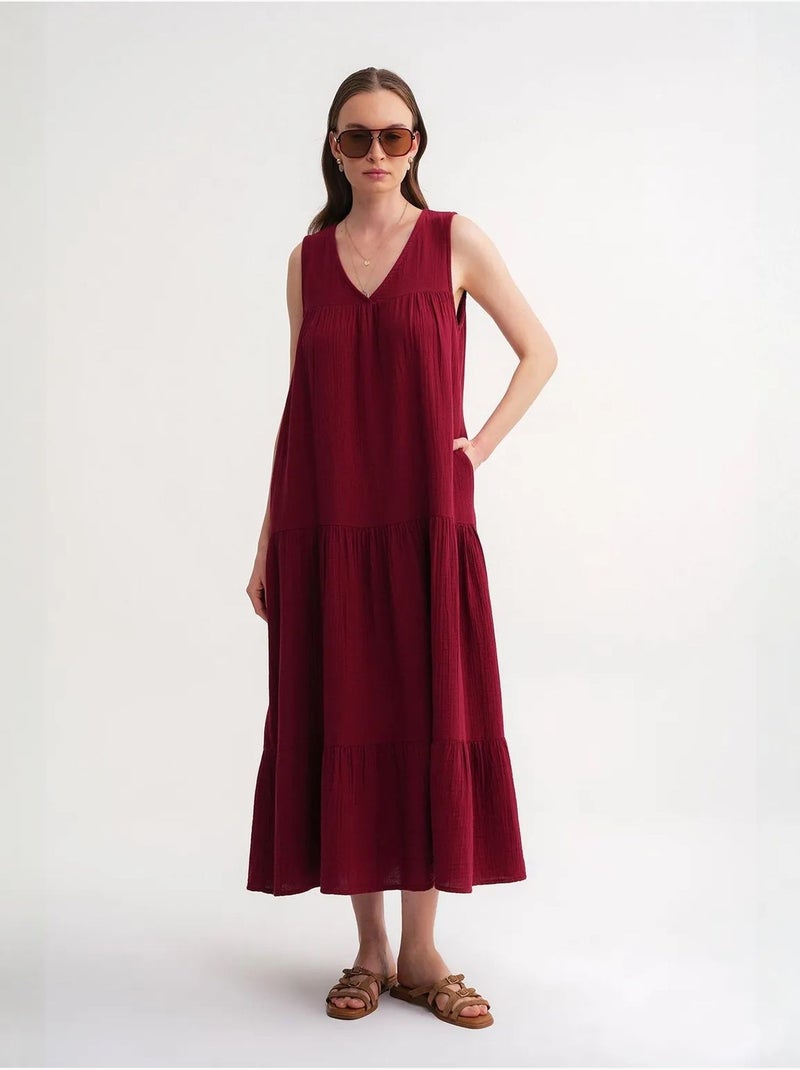 Abito midi in mussola senza maniche con scollo a v e tasche mixray Rosso bordeaux - Kiabi