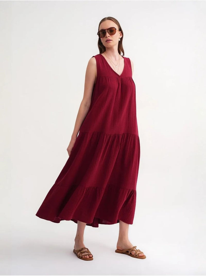 Abito midi in mussola senza maniche con scollo a v e tasche mixray Rosso bordeaux - Kiabi