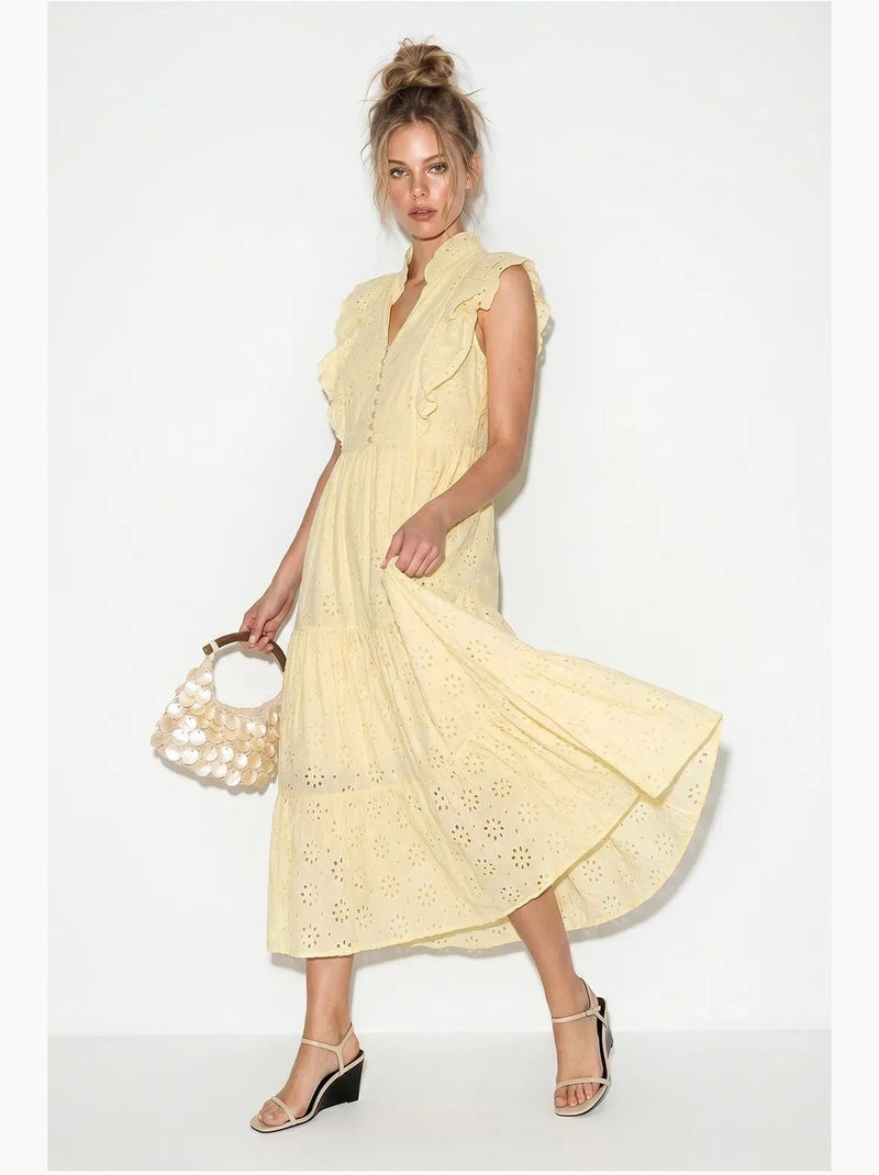 Abito midi ricamato in misto cotone lucci Giallo limone - Kiabi