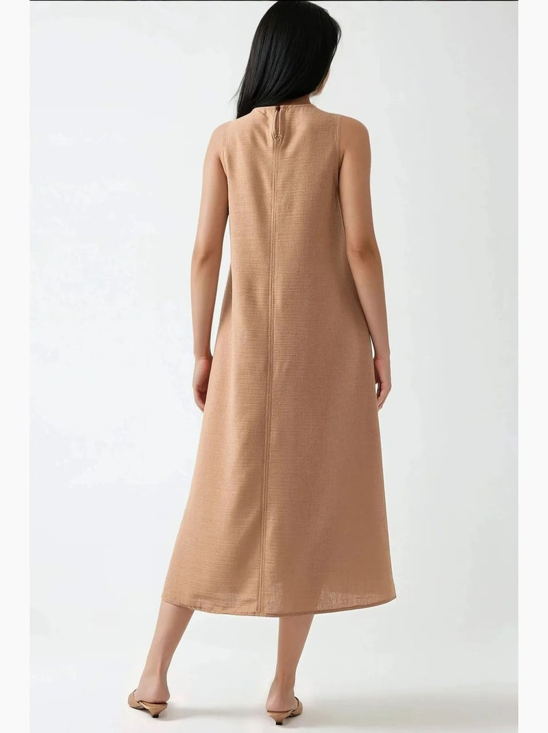 Abito midi smanicato con scollo a girocollo effetto lino hiccup Cammello - Kiabi