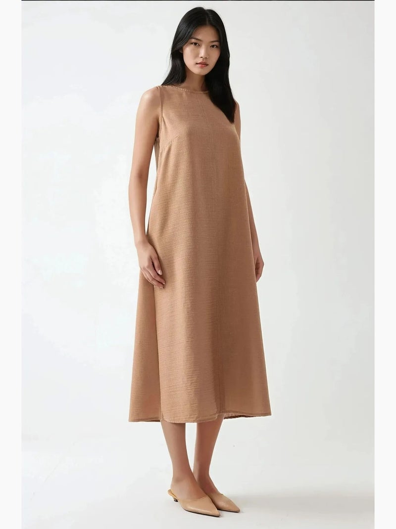 Abito midi smanicato con scollo a girocollo effetto lino hiccup Cammello - Kiabi