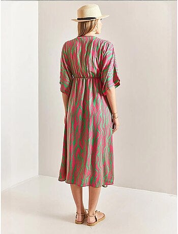 Abito midi stampato con scollo a v e spacco lucci