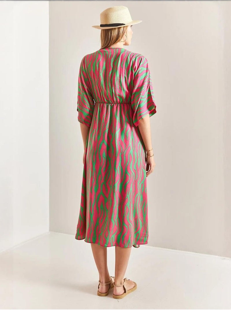 Abito midi stampato con scollo a v e spacco lucci Magenta - Kiabi