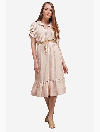 Abito midi testurizzato con cintura e colletto a camicia bdart