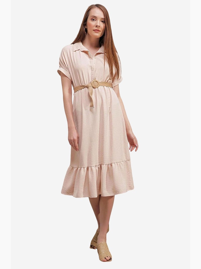 Abito midi testurizzato con cintura e colletto a camicia bdart Crema - Kiabi