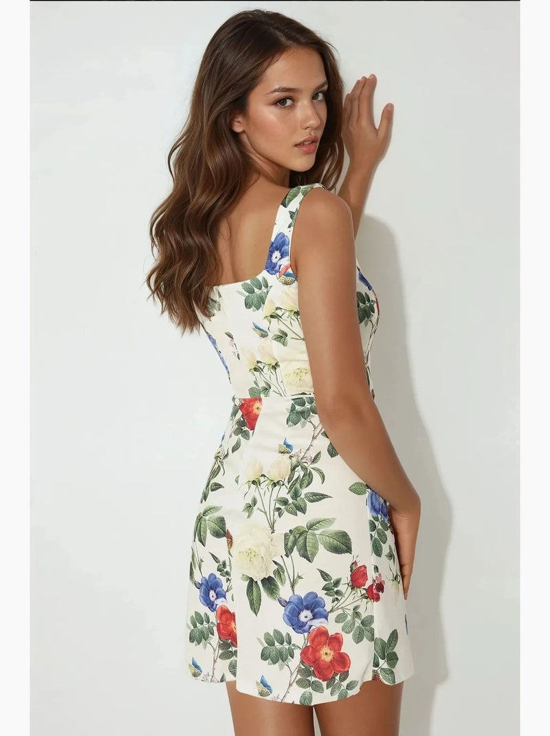 Abito mini bodycon con scollo quadrato e stampa floreale hiccup Verde/Sabbia - Kiabi