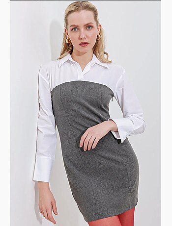 Abito mini color block con colletto a camicia e maniche lunghe bdart