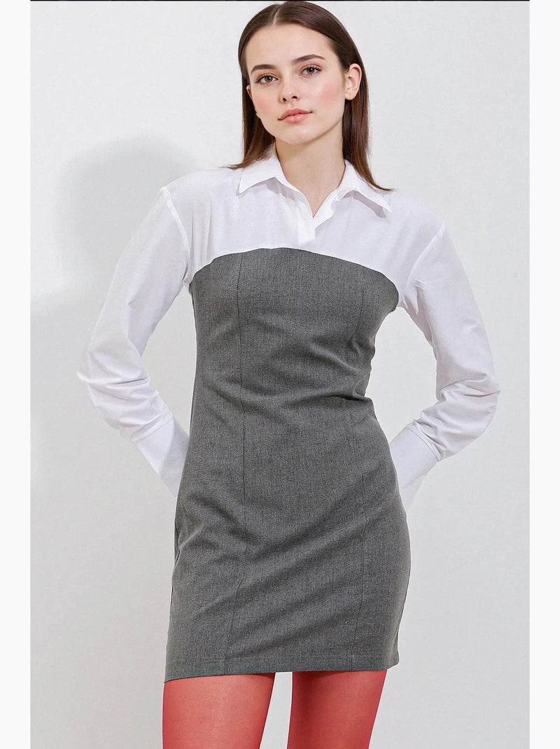 Abito mini color block con colletto a camicia e maniche lunghe bdart Grigio nero - Kiabi