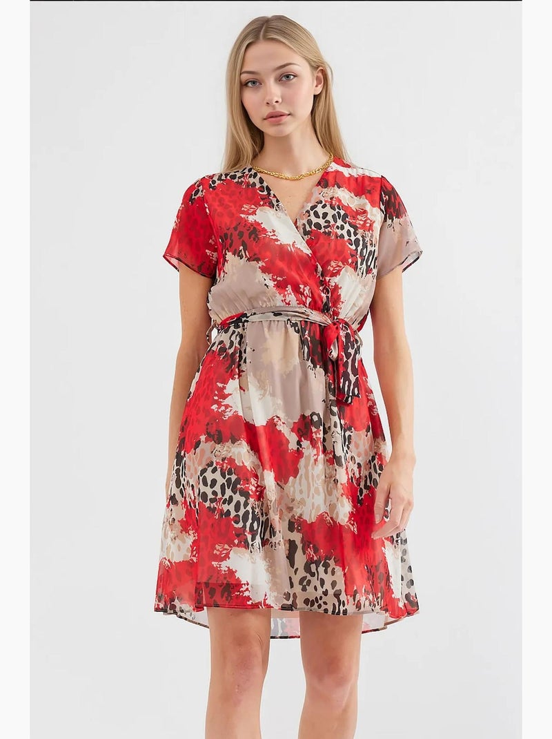 Abito mini da tè floreale con scollo a v e cintura bdart Rosso - Kiabi