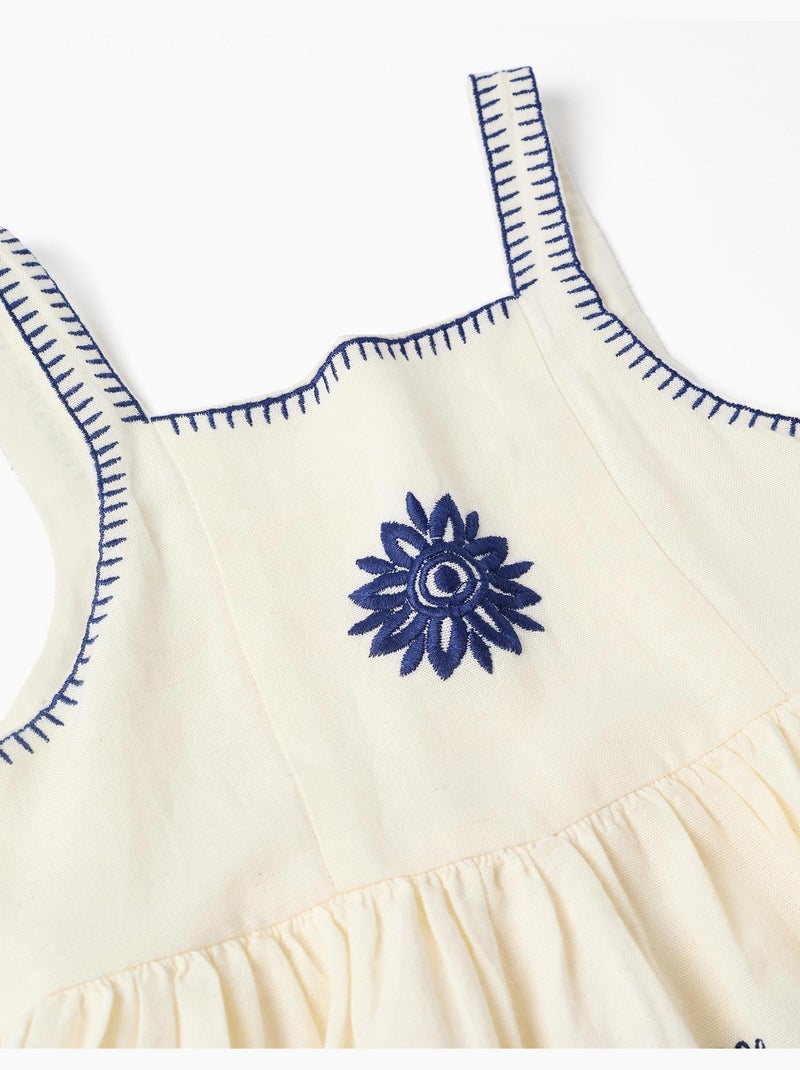 Abito senza maniche in cotone e lino con ricami floreali Beige chiaro - Kiabi