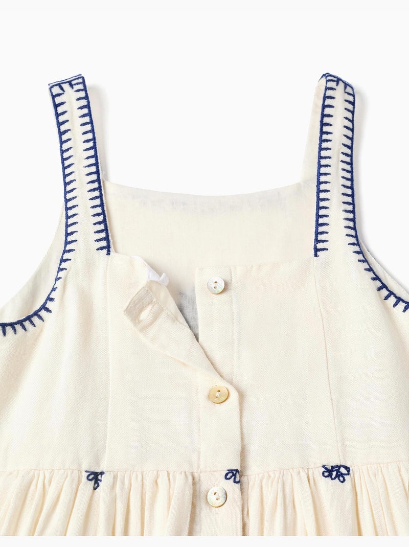 Abito senza maniche in cotone e lino con ricami floreali Beige chiaro - Kiabi