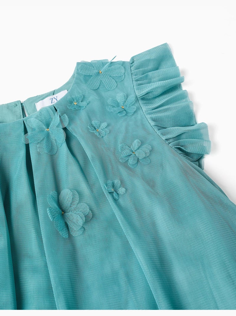 Abito senza maniche in tulle con volant e fiori Blu chiaro - Kiabi