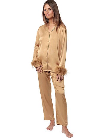 ADMAS LUXURY Pigiama aperto a maniche lunghe Marabu Luxe da donna con piume