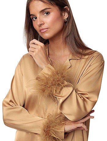 ADMAS LUXURY Pigiama aperto a maniche lunghe Marabu Luxe da donna con piume