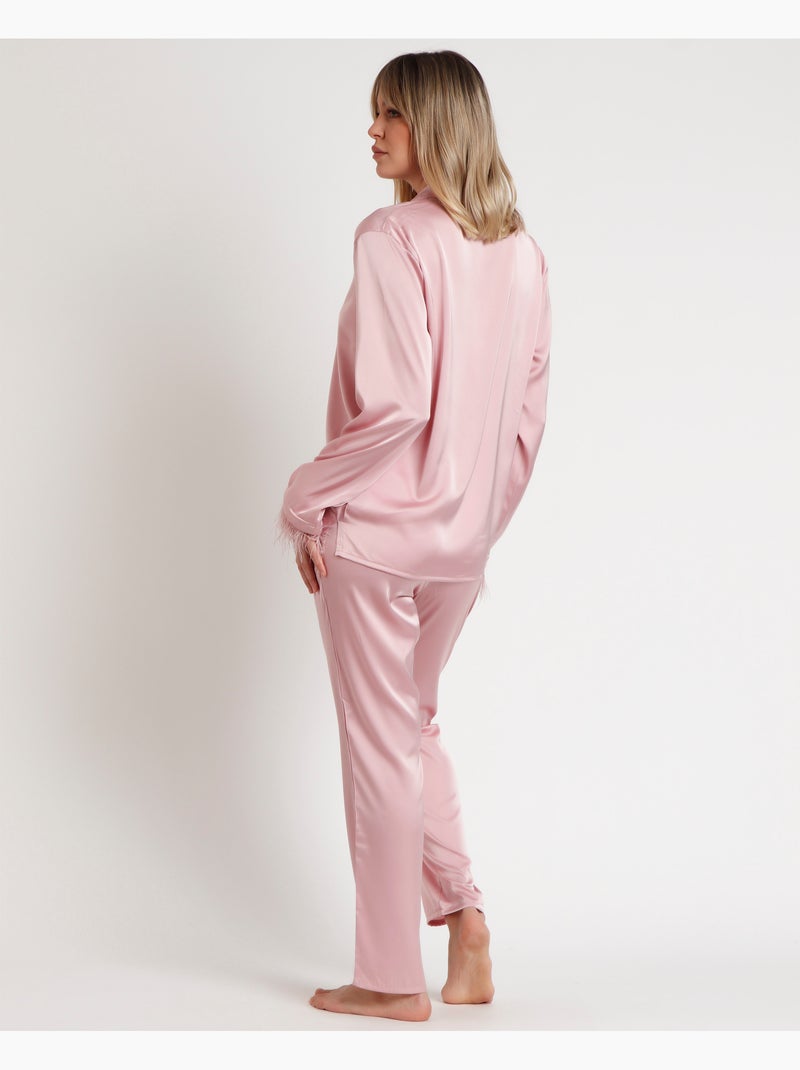 ADMAS LUXURY Pigiama aperto a maniche lunghe Marabu Luxe da donna con piume Rosa chiaro - Kiabi