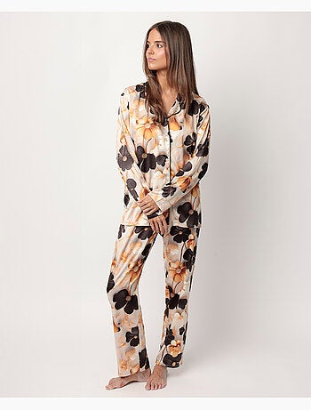 ADMAS LUXURY Pigiama da donna in raso con schiena scoperta e maniche lunghe Fiori di lusso