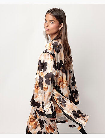 ADMAS LUXURY Vestaglia da donna a maniche lunghe in raso con fiori di lusso