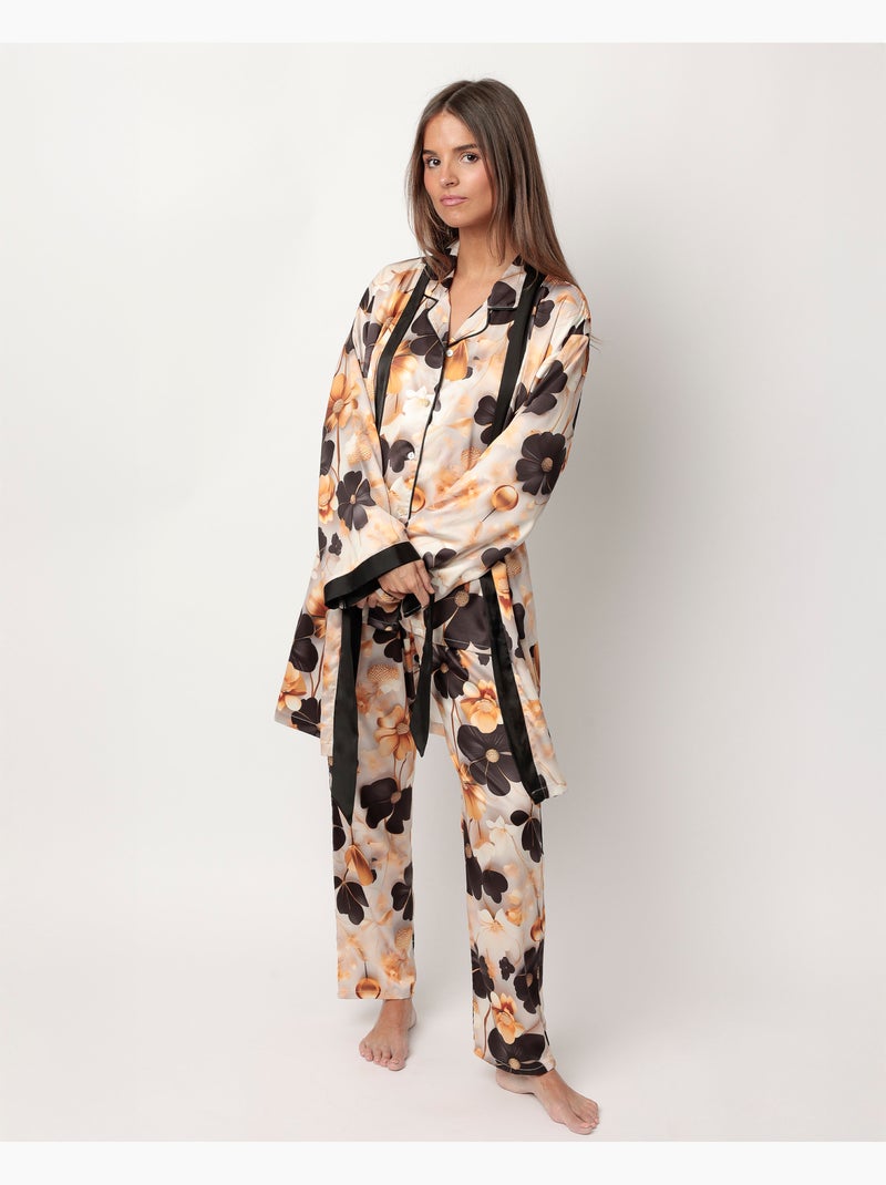 ADMAS LUXURY Vestaglia da donna a maniche lunghe in raso con fiori di lusso Oro - Kiabi