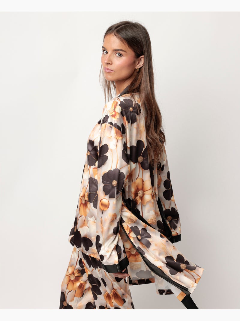 ADMAS LUXURY Vestaglia da donna a maniche lunghe in raso con fiori di lusso Oro - Kiabi
