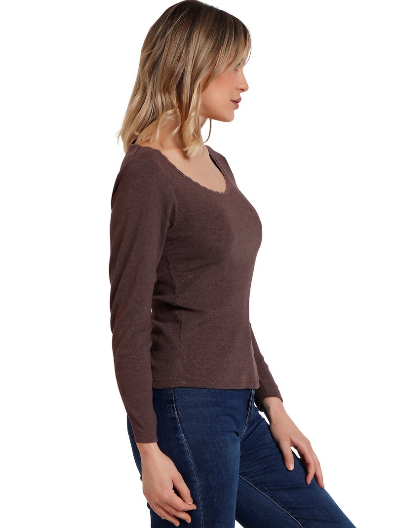 ADMAS T-shirt a maniche lunghe con costine romantiche da donna Marrone cioccolato - Kiabi