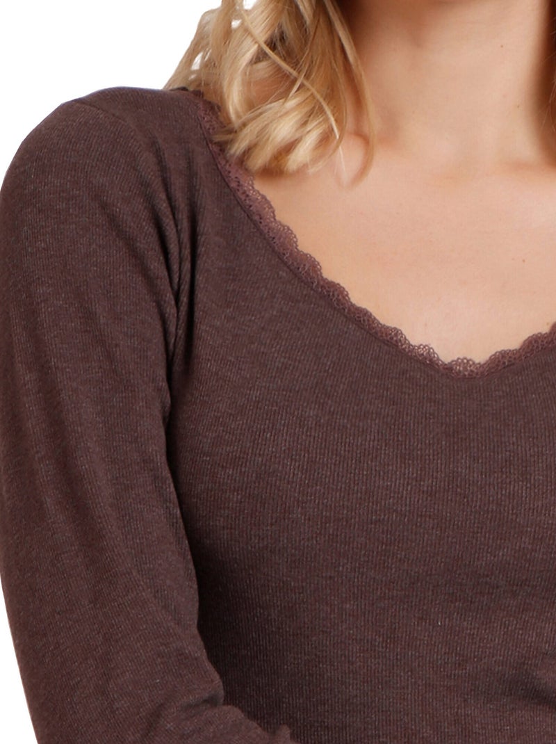 ADMAS T-shirt a maniche lunghe con costine romantiche da donna Marrone cioccolato - Kiabi