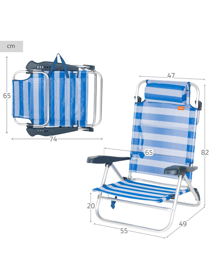 Aktive confezione da 2 sedie da spiaggia pieghevoli e reclinabili, 8 posizioni, con cuscino Blu Bianco - Kiabi