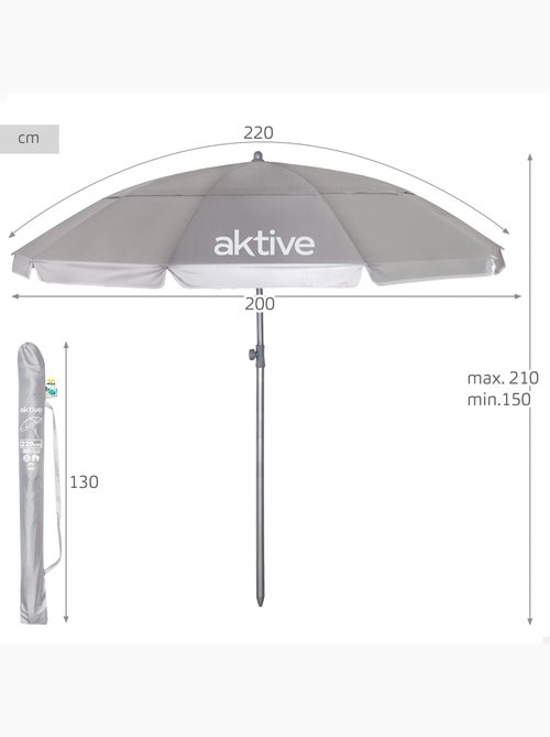 Aktive ombrellone da spiaggia 10 stecche 220 cm grigio inclinabile uv50 - Kiabi