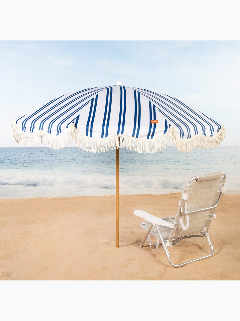 Aktive ombrellone da spiaggia, 8 stecche, 200 cm, a righe con frange Blu Bianco - Kiabi