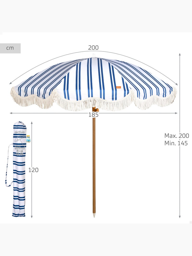 Aktive ombrellone da spiaggia, 8 stecche, 200 cm, a righe con frange Blu Bianco - Kiabi