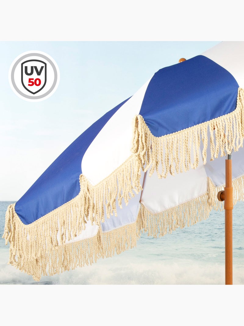 Aktive ombrellone da spiaggia, 8 stecche, 200 cm, design nautico con frangia Blu Bianco - Kiabi