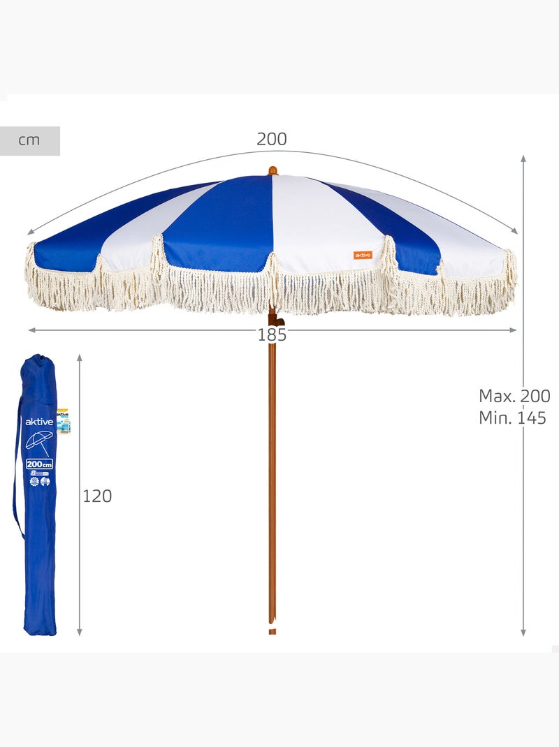 Aktive ombrellone da spiaggia, 8 stecche, 200 cm, design nautico con frangia Blu Bianco - Kiabi
