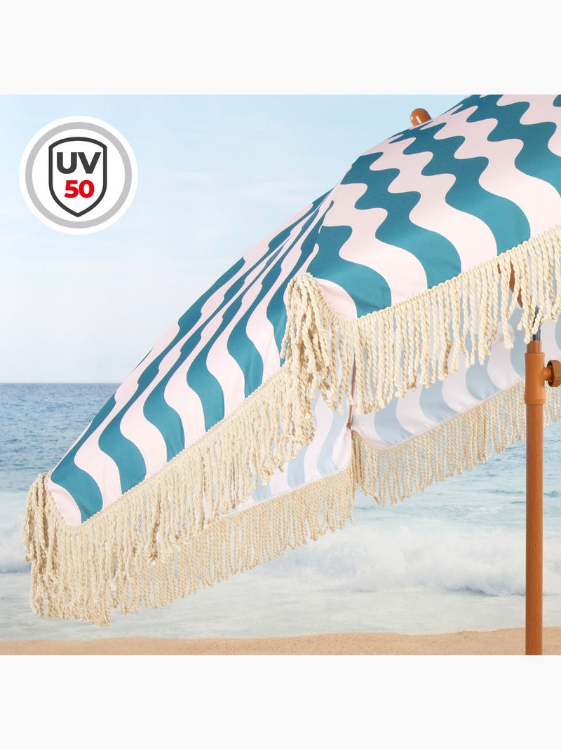 Aktive ombrellone da spiaggia, 8 stecche, 200 cm, motivo onda marina con frangia Blu - Kiabi