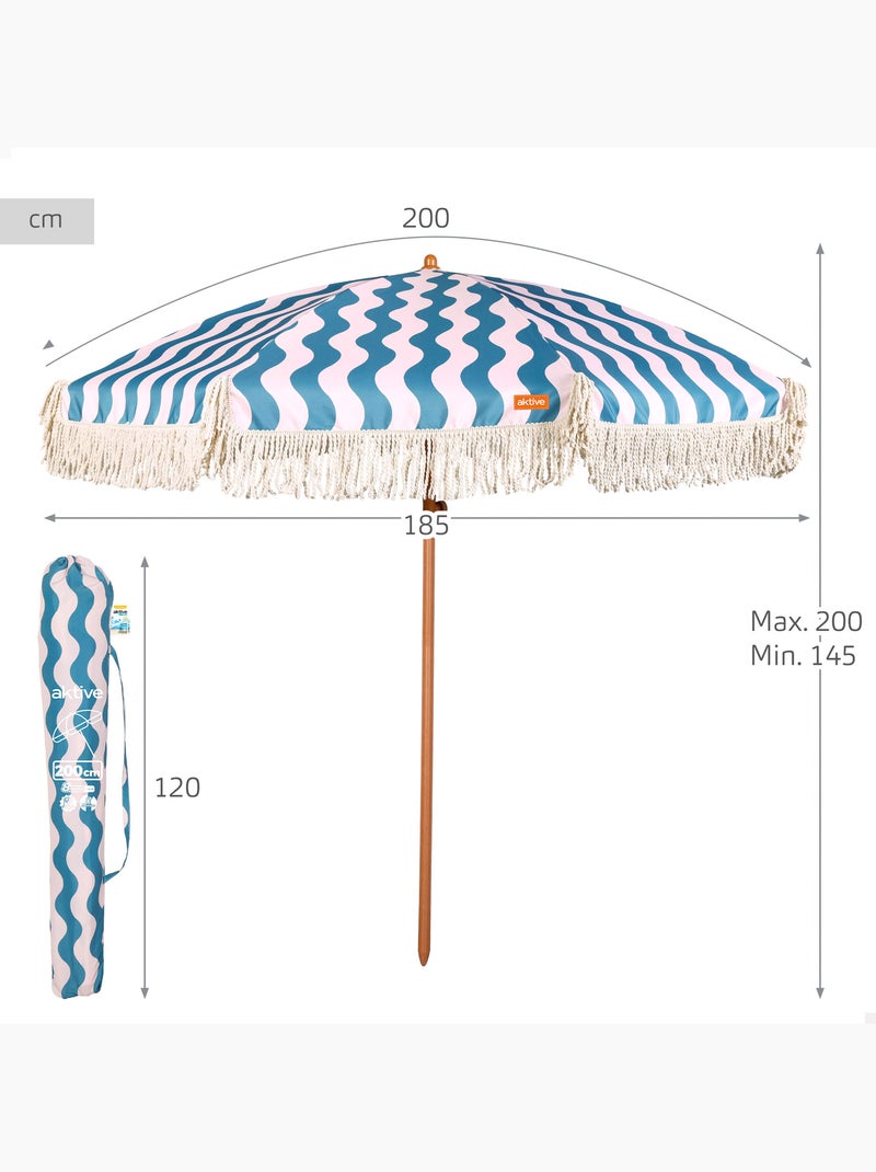Aktive ombrellone da spiaggia, 8 stecche, 200 cm, motivo onda marina con frangia Blu - Kiabi