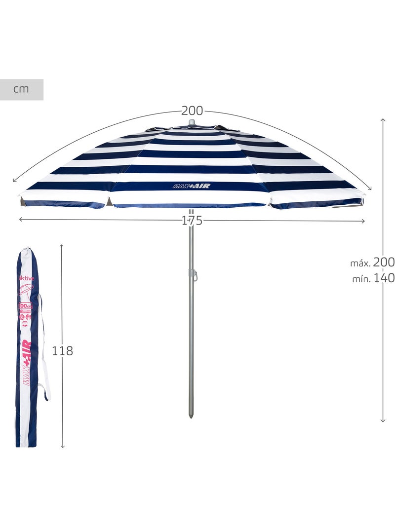 Aktive ombrellone da spiaggia antivento a 8 stecche, 200 cm Blu Bianco - Kiabi