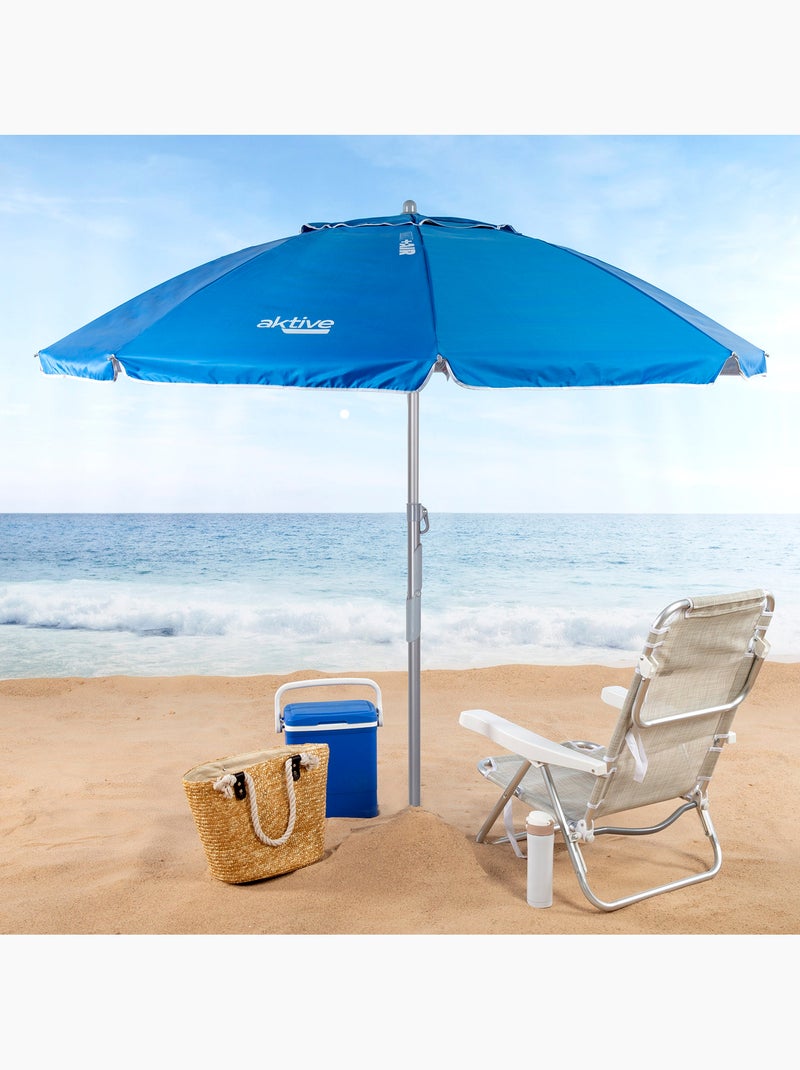 Aktive ombrellone da spiaggia antivento con 8 stecche, 220 cm,, e ancoraggio a spirale Blu - Kiabi