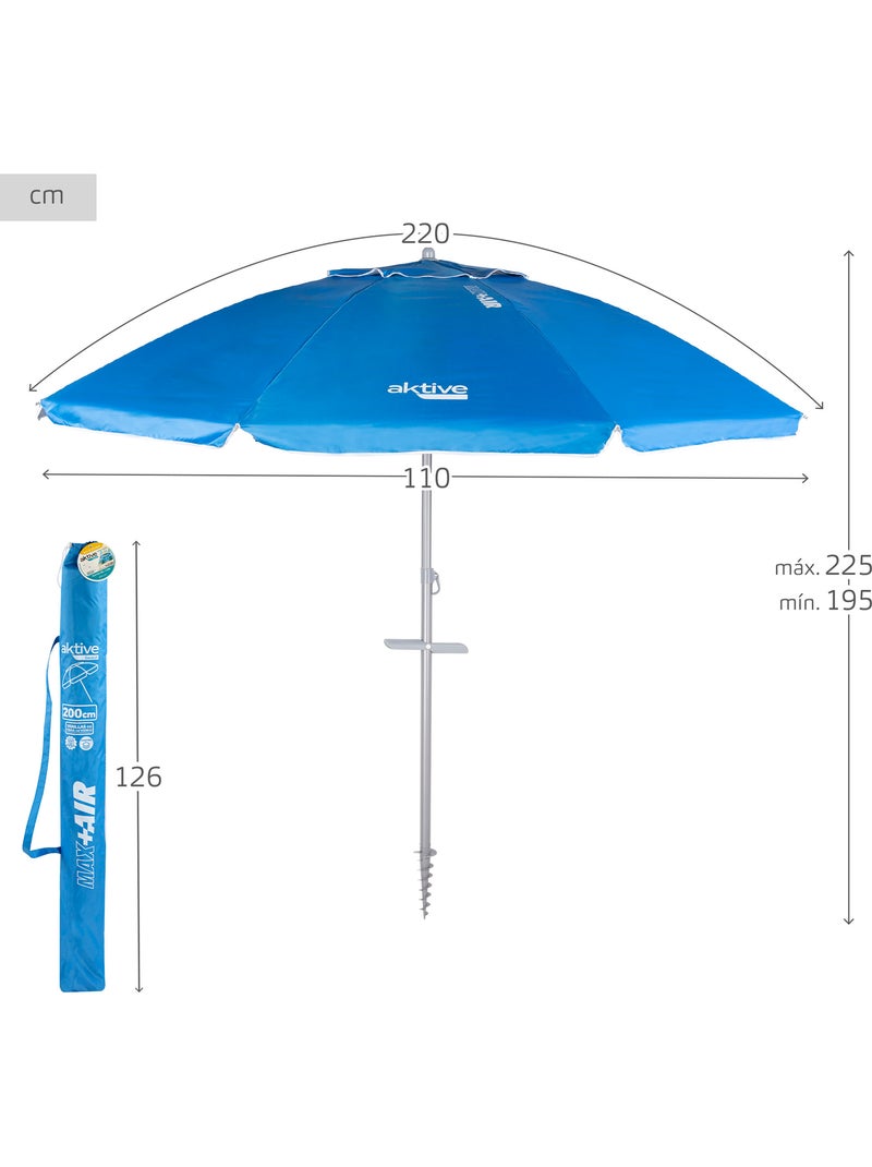 Aktive ombrellone da spiaggia antivento con 8 stecche, 220 cm,, e ancoraggio a spirale Blu - Kiabi