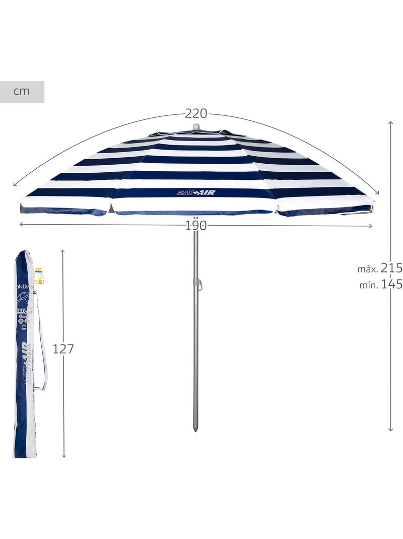 Aktive ombrellone da spiaggia antivento con 8 stecche, 220 cm, stile nautico Blu Bianco - Kiabi