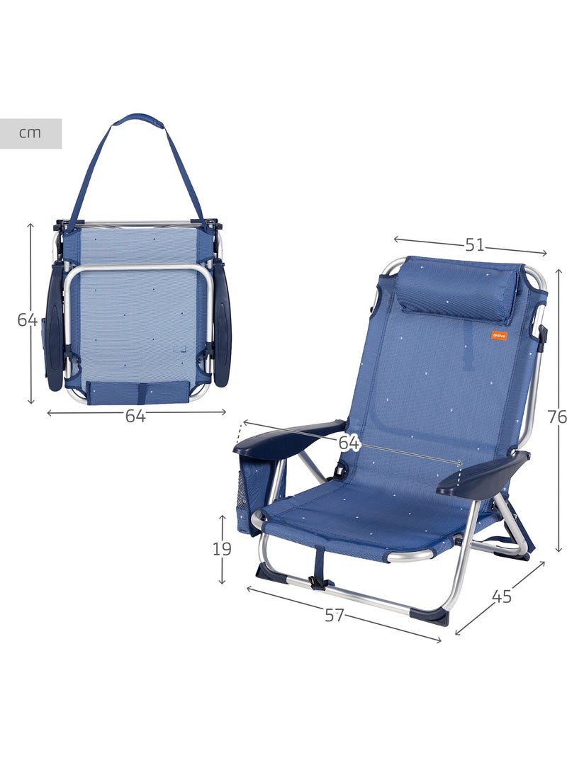 Aktive set 2 sedie da spiaggia basse reclinabili, 51 x 45 x 76 cm,, con cuscino e tasca Blu marino - Kiabi