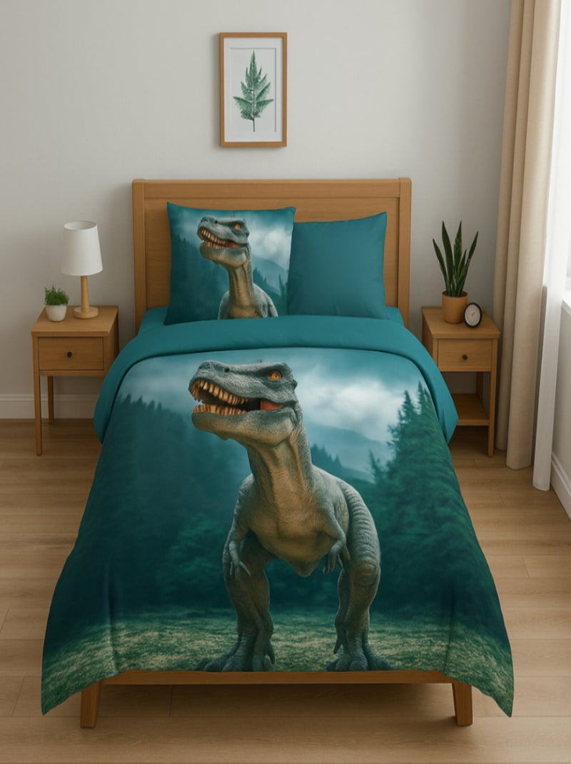 Animal Déco - Completo Letto Bambino Cotone Dinosauro Rex - Copripiumino 140x200 Federa 65x65 cm Verde - Kiabi