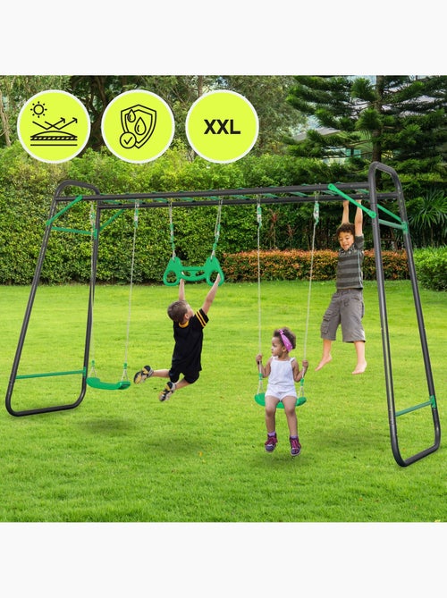 Area Giochi da Giardino XXL HyperMotion - Altalena in Acciaio 2 Sedili, Scala e Trapezio - Kiabi