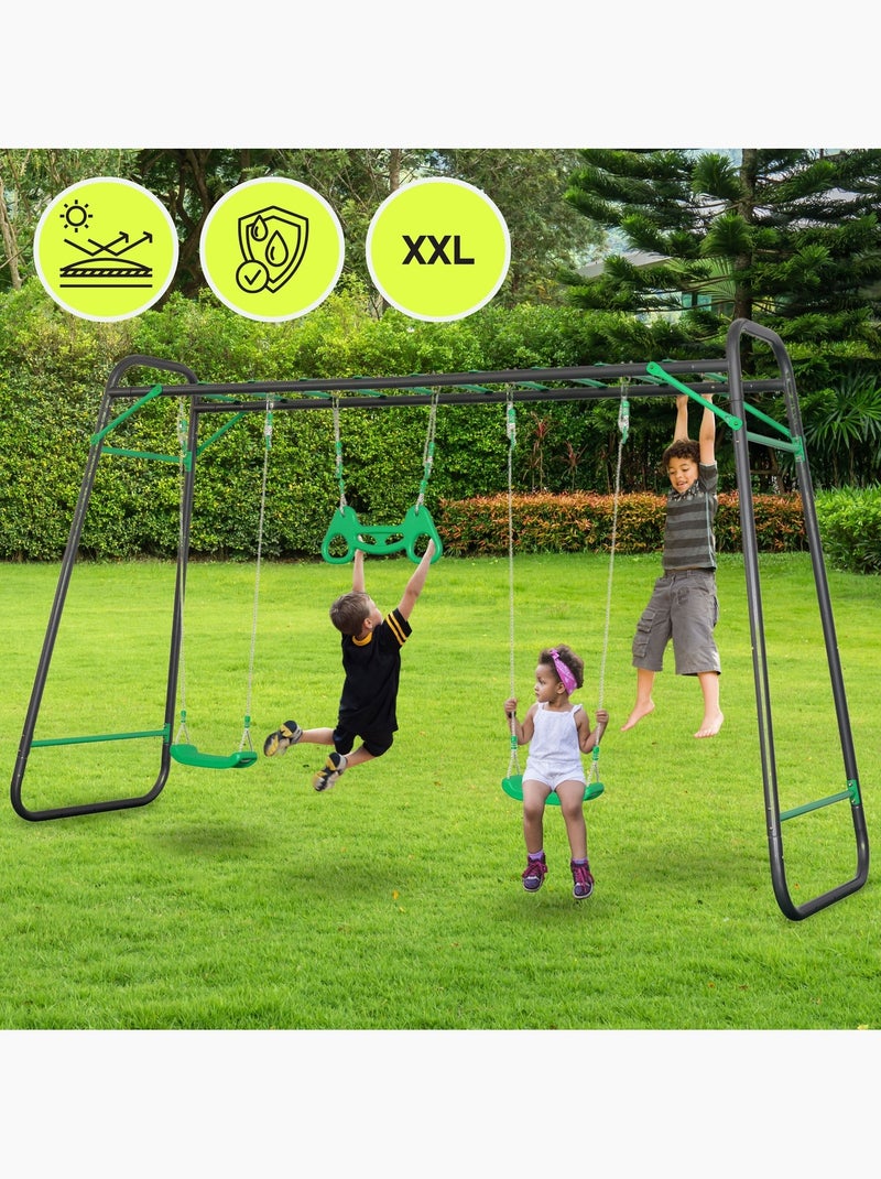 Area Giochi da Giardino XXL HyperMotion - Altalena in Acciaio 2 Sedili, Scala e Trapezio Grigio - Kiabi